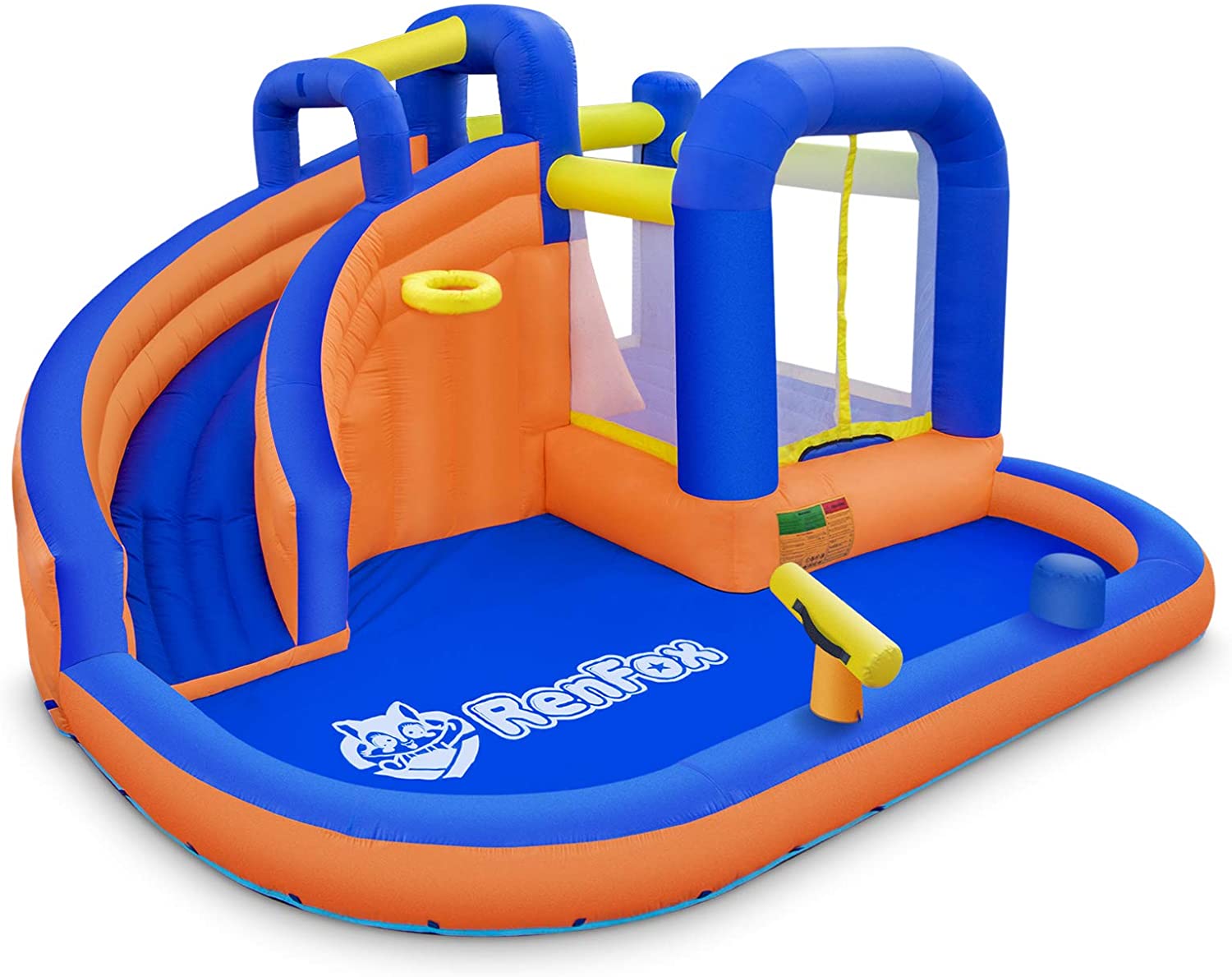 RenFox Inflatable Waterslide, Extra Thick Water Bounce Hose with Blower, Backyard Playsets for Kids with Long Slide, Basketball Hoop and Climbing Wall, Kids