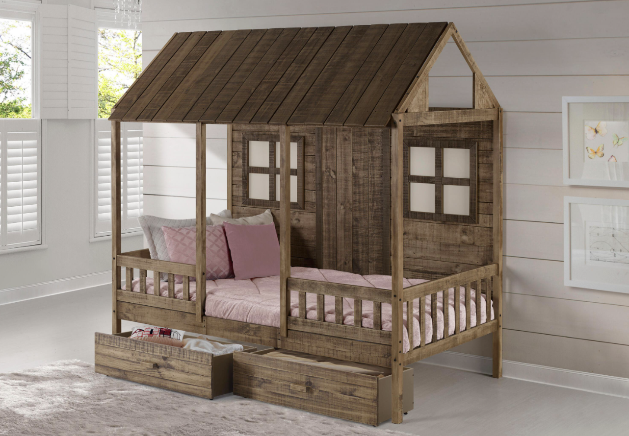 Front Porch Rustic Driftwood Twin Low Loft Bed with Dual Underbed Drawers