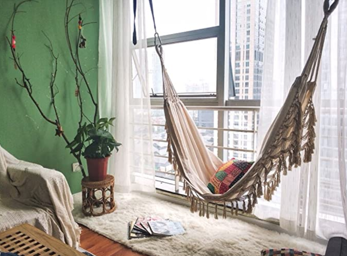 RISEON Handmade Boho Large Brazilian Macrame Fringe 2 Person Double Deluxe Hammock Swing Net Chair for Beach, Yard, Bedroom, Patio, Porch, Indoor, Outdoor, Wedding Decor 95" Lx 59" W