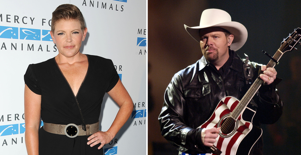 WEST HOLLYWOOD, CA - SEPTEMBER 12: Natalie Maines of the Dixie Chicks attends the Mercy For Animals 15th anniversary gala at The London on September 12, 2014 in West Hollywood, California and Toby Keith performs at the 29th American Music Awards January 9, 2002 at the Shrine Auditorium in Los Angeles.