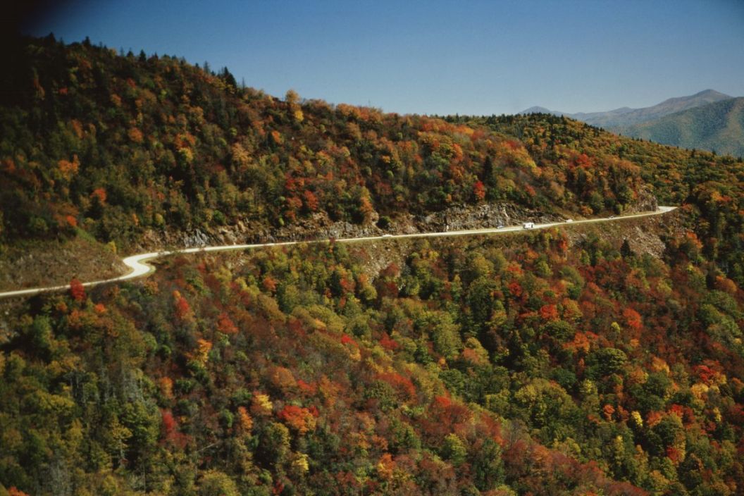 The Blue Ridge Parkway passes through the Blue Ridge Mountains in North Carolina, USA, circa 1970.