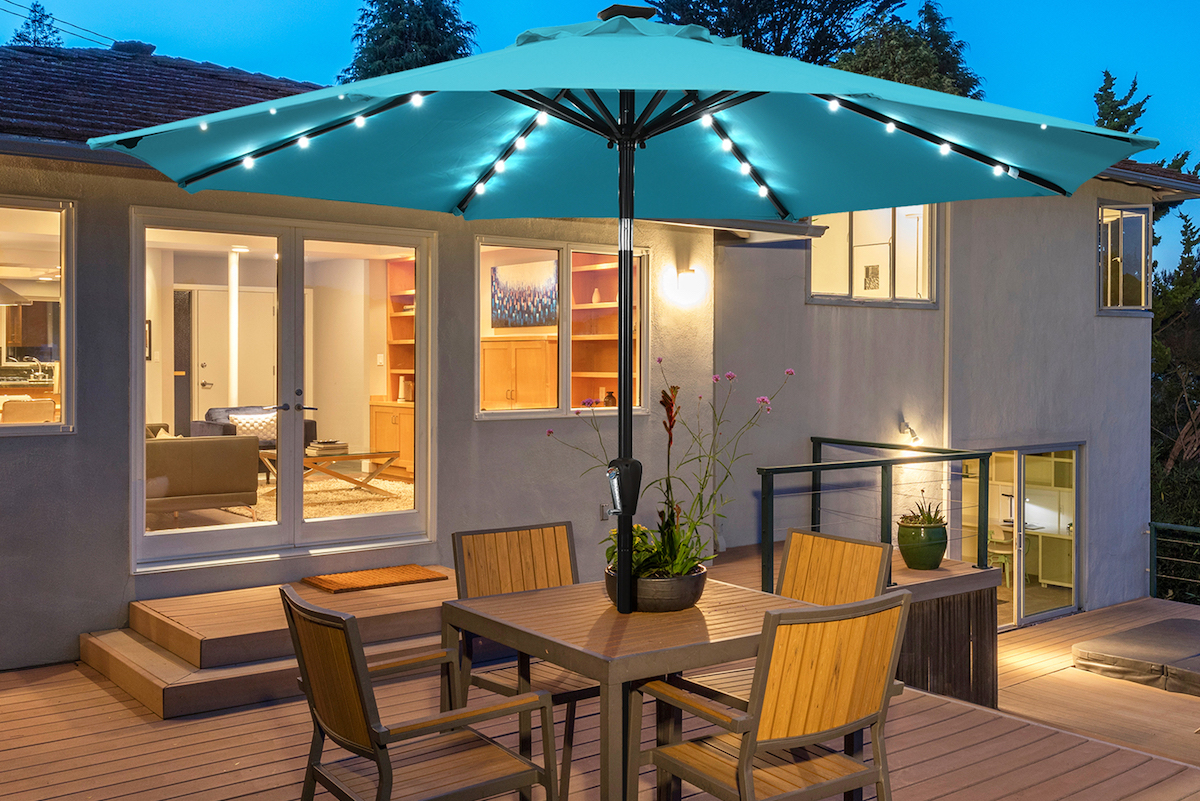 best patio table umbrellas with lights EliteShade USA 10-Year-Non-Fading 9ft Market Umbrella, Commercial Grade Sun Umbrella 80 Solar LED Lights, Crank Open, Windproof & UPF 50+ UV Protection for Garden, Deck, Pool, Backyard The umbrella opens up to 174 in. PURPLE LEAF Solar Powered Umbrella