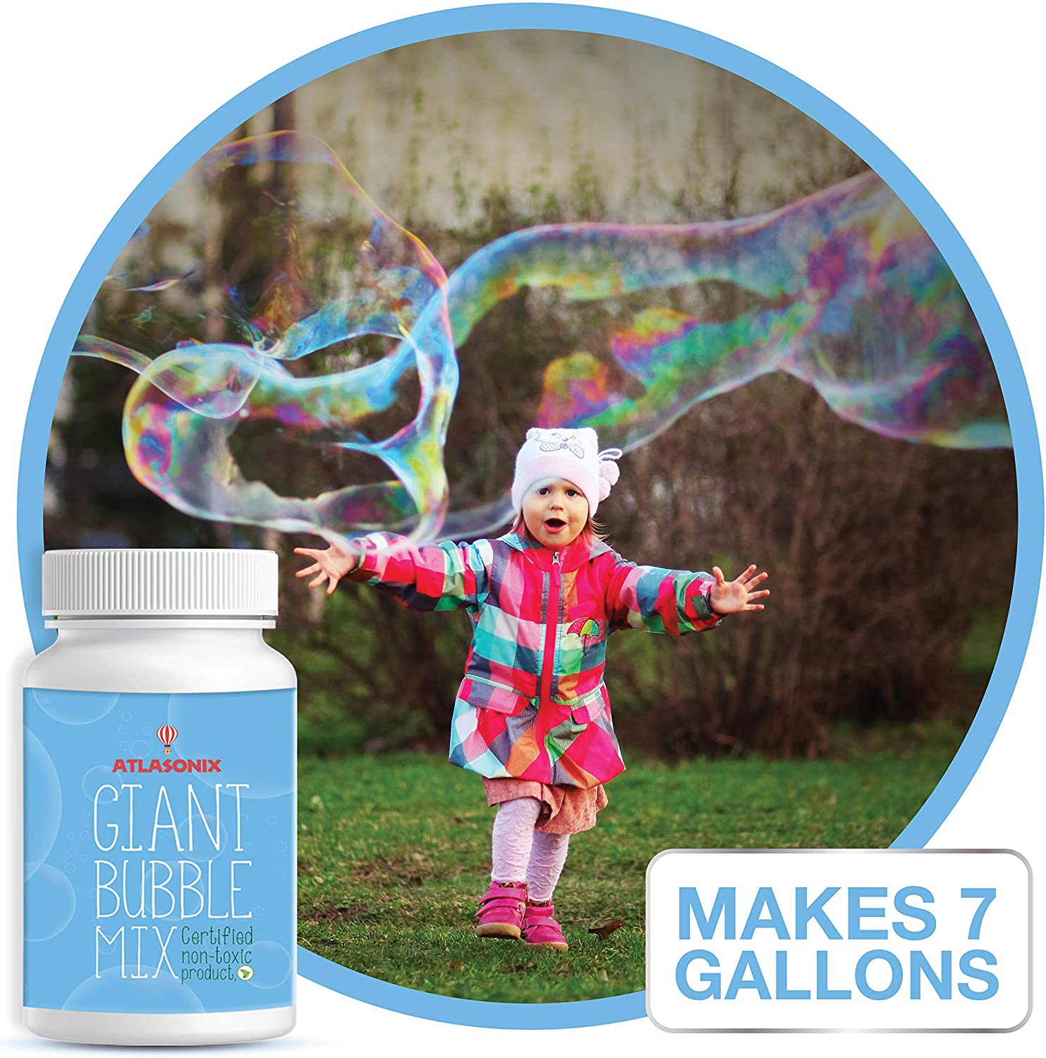 Atlasonix Giant Bubbles Mix - Makes 7 Gallons of Big Pure Bubble Solution for Kids | Non Toxic All Natural Bubble Concentrate for The Largest Bubbles