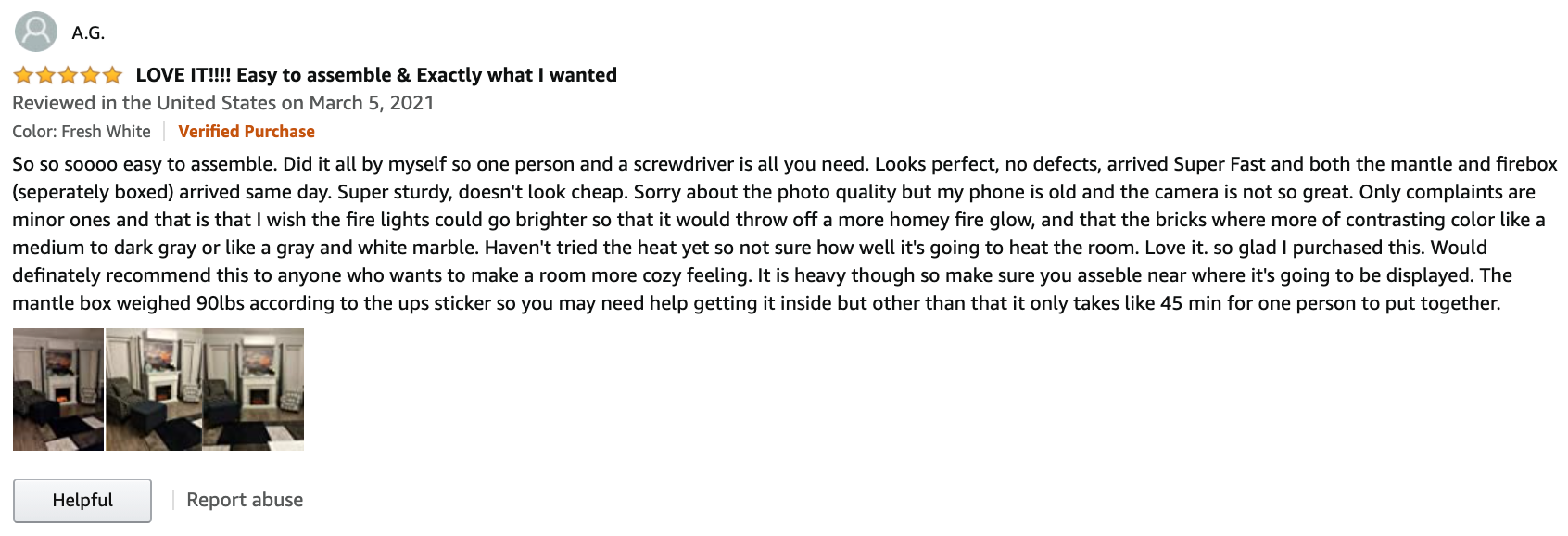 Corner Electric Fireplace 5-star Review screenshot from Amazon