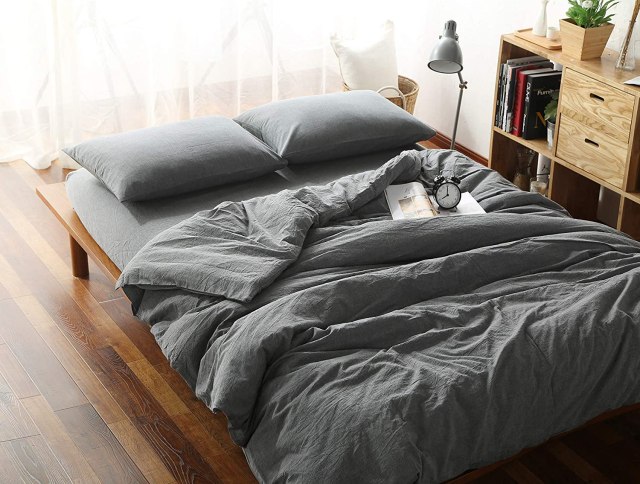 F.Y.Dreams 100% Washed Cotton Duvet Cover for Weighted Blanket 60x80 inches with 8 Ties, Zipper on Long Side:Grey:Just Duvet Cover