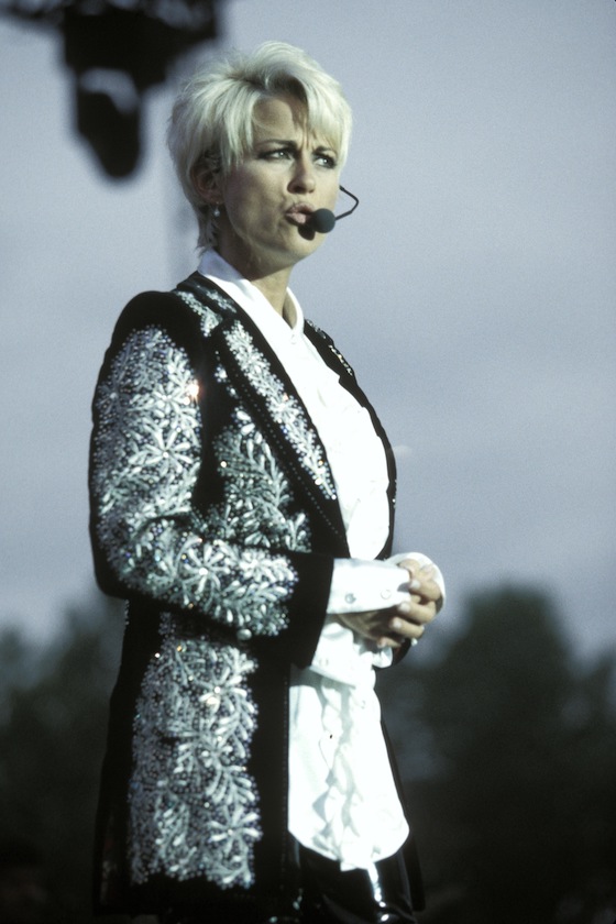 Singer Lorrie Morgan is shown performing on stage during a "live" concert appearance on July 4, 1996.