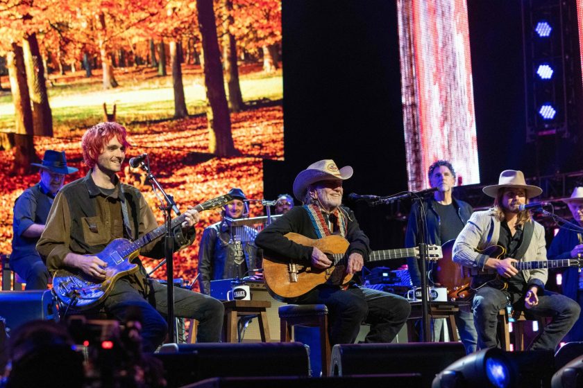 US musicians Micah Nelson, Willie Nelson, and Lukas Nelson perform during the Farm Aid 2021 music festival at the Xfinity Theatre on September 25, 2021 in Hartford, Connecticut. (Photo by SUZANNE CORDEIRO / AFP) (Photo by