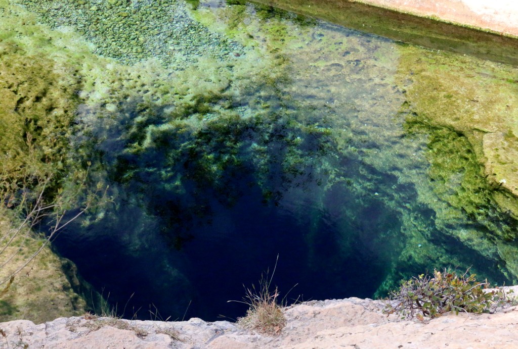 a view of Jacob's Well, a perennial karstic spring in the Texas Hill Country flowing from the bed of Cypress Creek, located northwest of Wimberley, Texas.