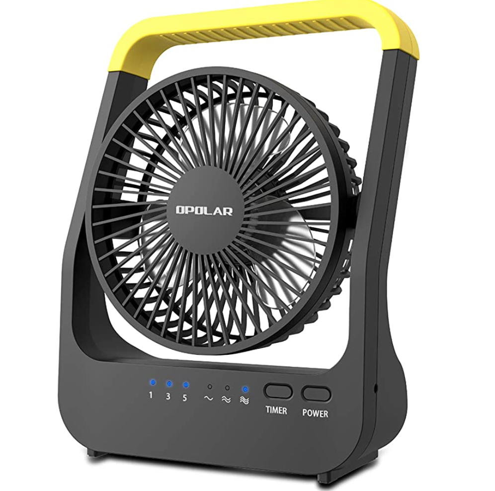 OPOLAR Battery Operated Desk Fan with Timer, Super Long Lasting D-cell Battery Powered(Not Included), Portable Camping USB Fan with Strong Airflow, 180° Rotation & 3 Speeds, for Home Office Outdoor