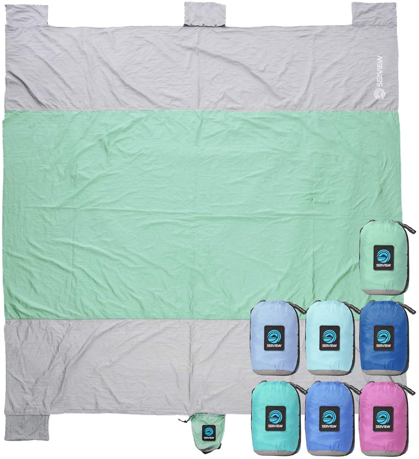 Seaview 180&deg; Sand Free Beach Blanket. Extra Large 7' x 9' Lightweight Outdoor Beach Mat. Compact Sandproof Beach Blanket Made of Durable Parachute Nylon w: 4 Built in Sand Anchors & Valuable Pocket