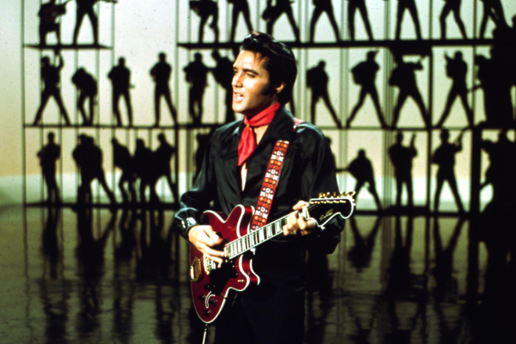 Rock and roll musician Elvis Presley performing on the Elvis comeback TV special on June 27, 1968 in Burbank, California.