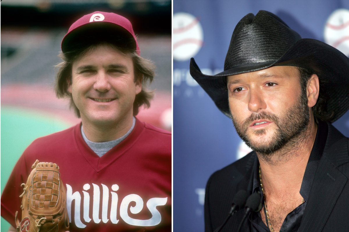 Side by side Getty Image headshots of the late former MLB player Tug McGraw and his son, country star Tim McGraw