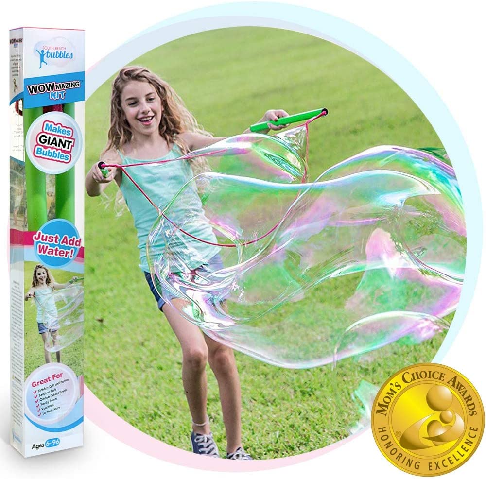 WOWMAZING Giant Bubble Wands Kit- (4-Piece Set) | Incl. Wand, Big Bubble Concentrate and Tips & Trick Booklet | Outdoor Toy for Kids, Boys, Girls |...