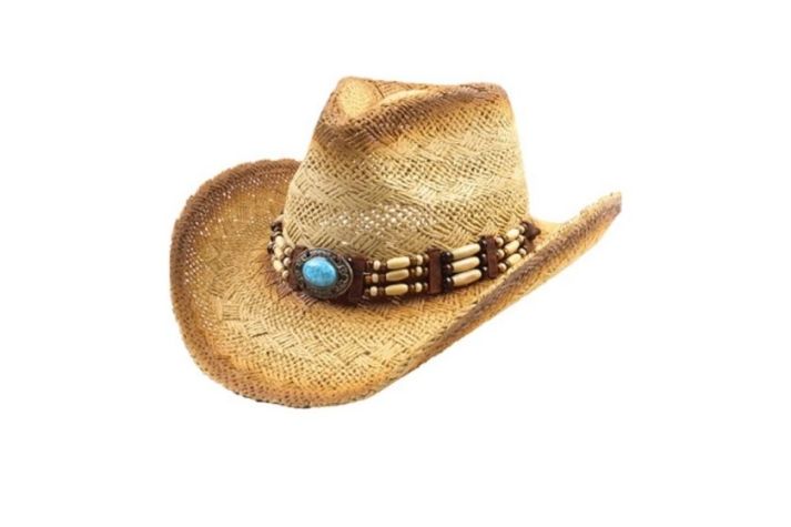 cowgirl hat (tan hat with accessory around it)