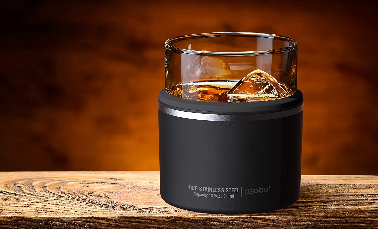 ASOBU On The Rocks 10.5oz Stainless Steel and Glass Insulated Whiskey  Sleeve with Whiskey Glass Wood
