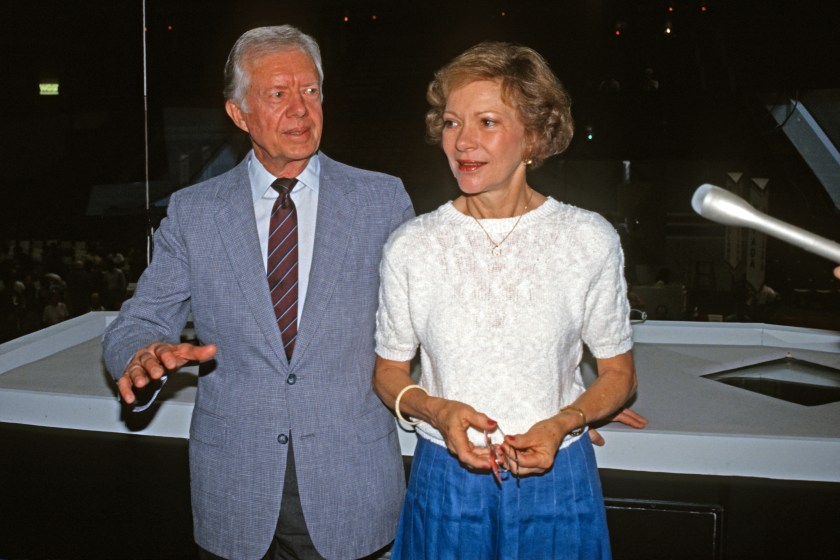 Former US President Jimmy Carter and former First Lady Rosalynn Carter at the Democratic National Convention, at the Omni Coliseum, Atlanta, California, July 18, 1988. The former President latter addressed the convention. 