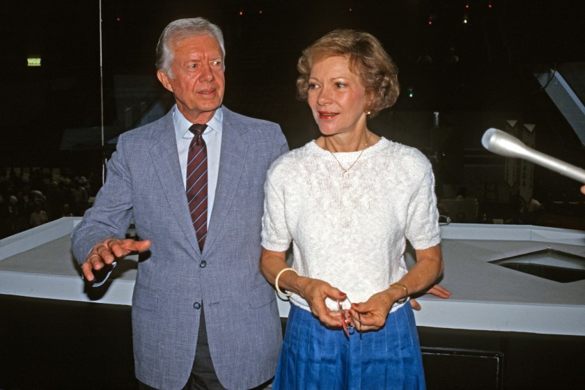 Former US President Jimmy Carter and former First Lady Rosalynn Carter at the Democratic National Convention, at the Omni Coliseum, Atlanta, California, July 18, 1988. The former President latter addressed the convention.