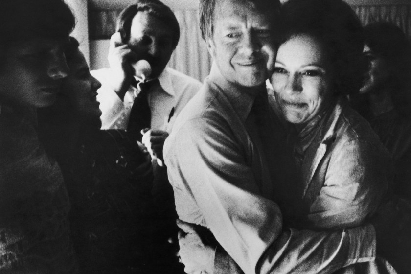 Democratic presidential candidate Jimmy Carter embraces his wife Rosalynn after receiving the final news of his victory in the national general election, November 2, 1976