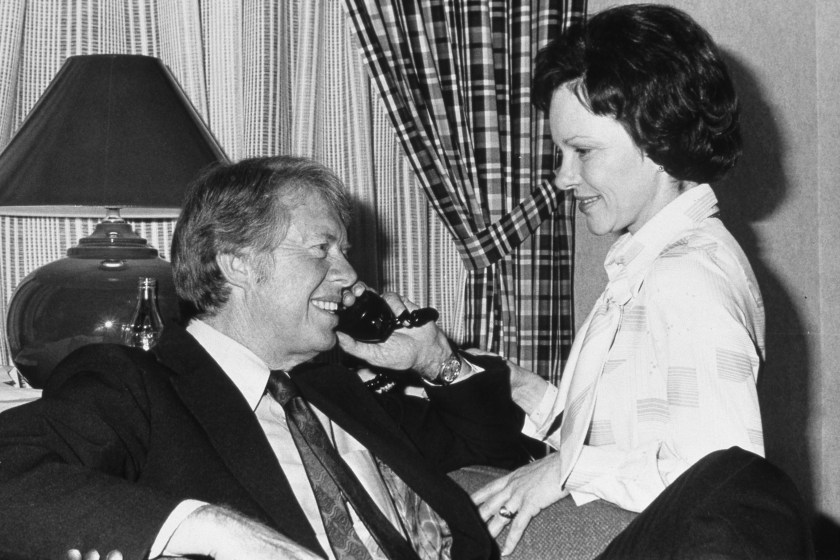 American politician and US Presidential candidate Jimmy Carter and his wife, Rosalynn Carter, talk on the telephone after his victory in the Pennsylvania Primary election, Philadelphia, Pennsylvania, April 27, 1976.