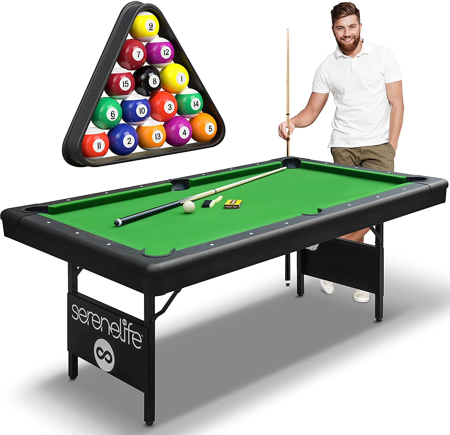 SereneLife 6-Ft Folding Pool Table - 76 Inch Foldable Billiard Game Table for Kids and Adults w: Accessories, Includes Set of Billiard Balls, 2 Cues, Brush,