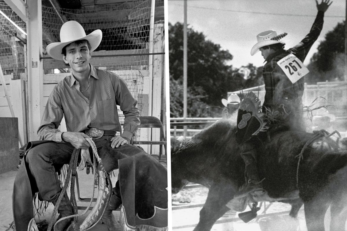 Professional rodeo bull rider Lane Frost poses for a photo in the ready room of the Cheyenne Frontier Days Arena on July 1987 in Cheyenne, Wyoming. (Photo by Mark Junge/Getty Images)/ Actor Luke Perry as rodeo star Lane Frost astride a bucking, 1600-lb. Brangus bull as people in stands & crew in rodeo ring look on during the filming of the movie "8 Seconds". (Photo by John Storey/Getty Images)
