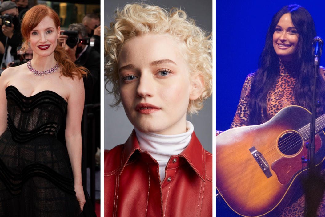 Jessica Chastain attends movie premiere/ Photo of Julia Garner/ Photo of Kacey Musgraves onstage