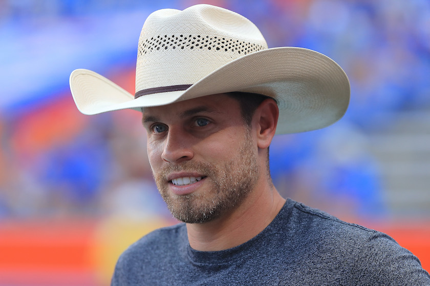 GAINESVILLE, FL - SEPTEMBER 01: Singer Dustin Lynch watches warmups prior to the game between the Florida Gators and the Charleston Southern Buccaneers at Ben Hill Griffin Stadium on September 1, 2018 in Gainesville, Florida. 