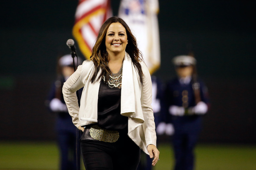 KANSAS CITY, MO - OCTOBER 28: Singer Sara Evans looks on prior to Game Two of the 2015 World Series between the Kansas City Royals and the New York Mets at Kauffman Stadium on October 28, 2015 in Kansas City, Missouri.