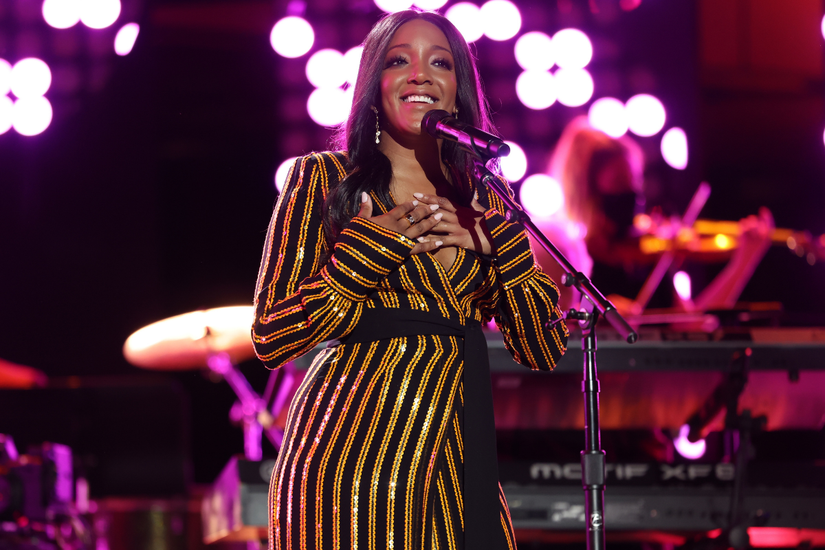 NASHVILLE, TENNESSEE - AUGUST 25: In this image released on August 25, 2021 Mickey Guyton performs during CMT GIANTS: Charley Pride at the Ascend Amphitheater in Nashville, Tennessee. 