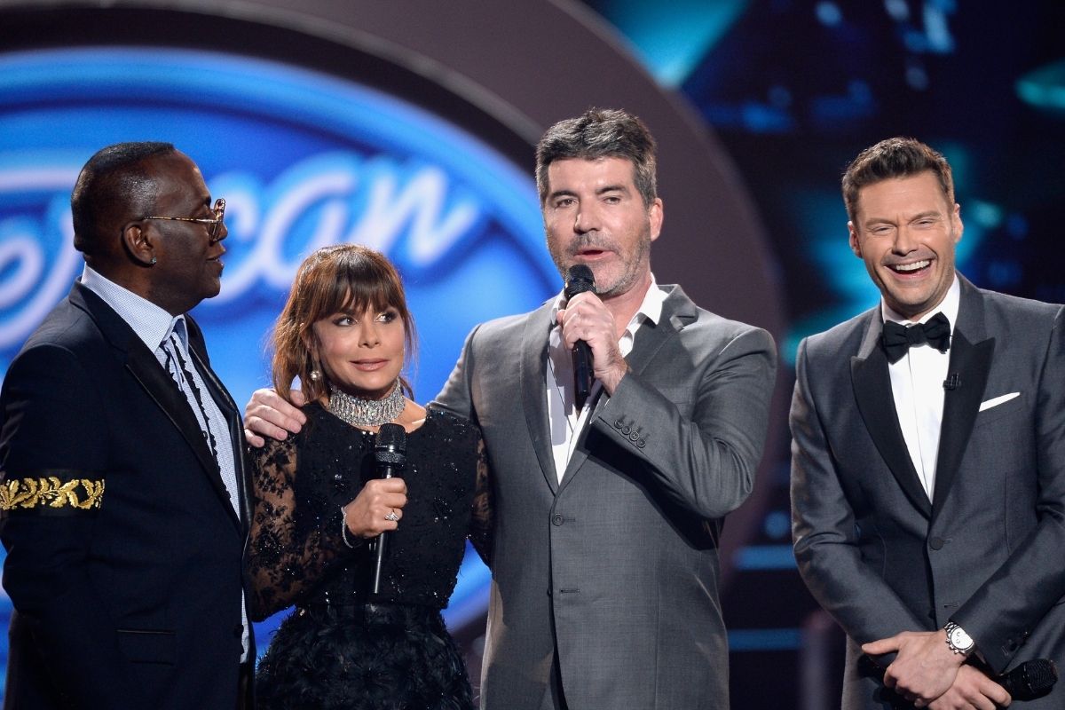 Randy Jackson, Paula Abdul, Simon Cowell and Ryan Seacrest onstage on set of American Idol