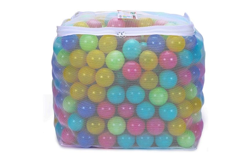 a zippered bag of plastic balls for ball pits for toddlers