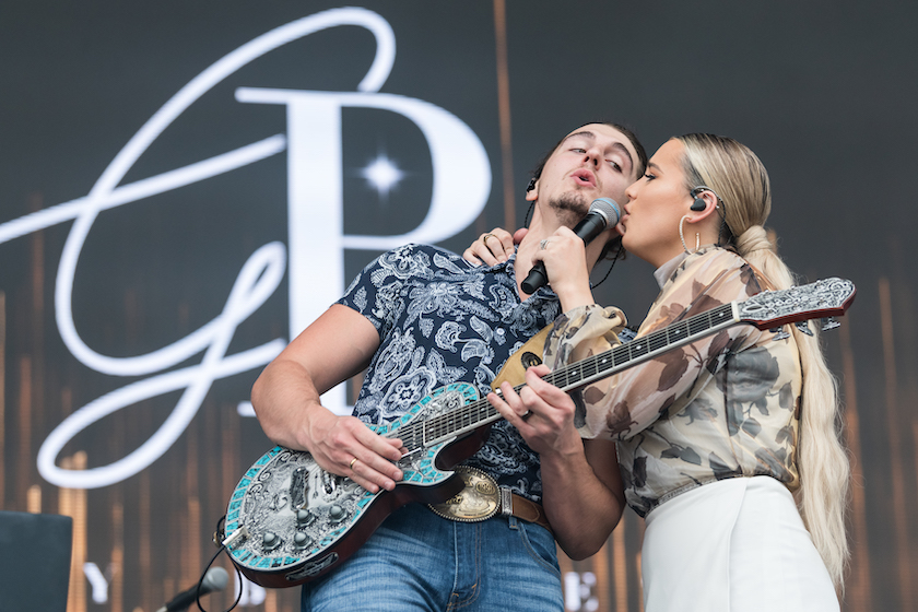 L-R) Cade Foehner and Gabby Barrett are seen performing onstage during day 1 of the 2021 Tortuga Music Festival on November 12, 2021 in Fort Lauderdale, Florida.