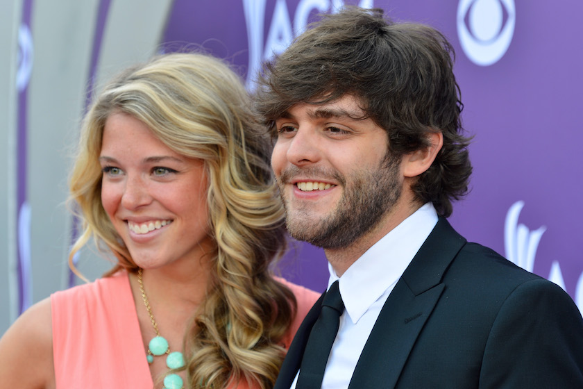 LAS VEGAS, NV - APRIL 07: Musician Thomas Rhett (R) and Lauren Akins arrive at the 48th Annual Academy of Country Music Awards at the MGM Grand Garden Arena on April 7, 2013 in Las Vegas, Nevada. 