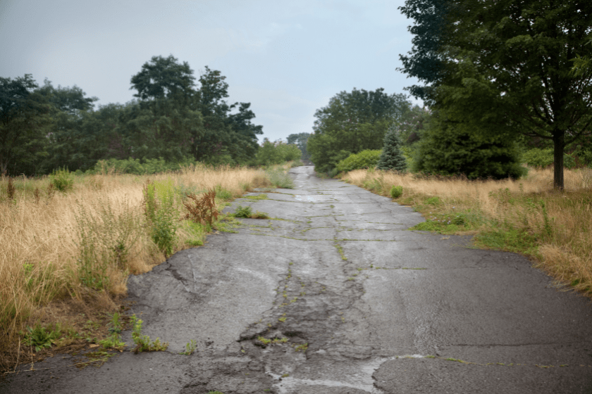 "Centralia, PA. A 50-year old underground coal fire caused the evacuation of this town, and houses were demolished as people left. All that remains is a few holdouts, and deserted streets with weeds and hints of where the houses used to be. A light rain is falling, seen in closeup views of this image."