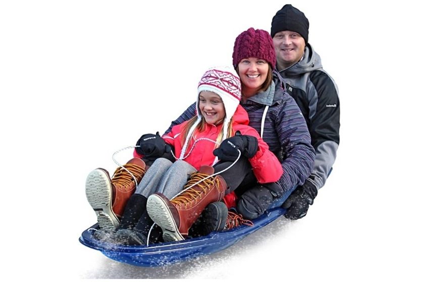 snow toys— snow sled big enough for two adults and one child to sit on for downhill snow fun