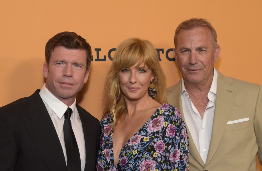 Taylor Sheridan, Kelly Reilly and Kevin Costner attend the premiere of Paramount Pictures' "Yellowstone" at Paramount Studios on June 11, 2018 in Hollywood, California.