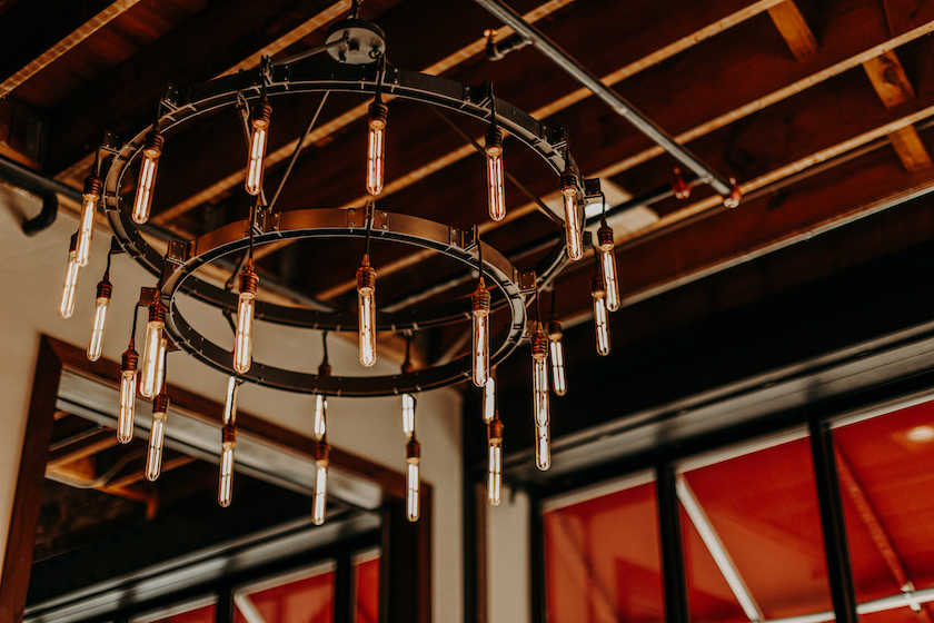 Interior shot of a Reba's Place chandelier