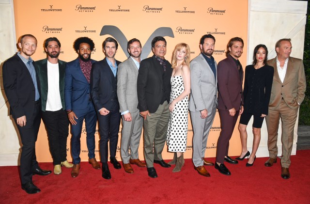 Jefferson White, Ryan Bingham, Denim Richards, Wes Bentley, Ian Bowen, Gil Birmingham, Kelly Reilly, Cole Hauser, Luke Grimes, Kelsey Chow and Kevin Costner attend Paramount Network's "Yellowstone" Season 2 Premiere Party at Lombardi House on May 30, 2019 in Los Angeles, California.