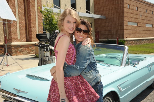 Singers &amp; Songwriters Taylor Swift and Shania Twain during the recreation of "Thelma &amp; Louise" for CMT Music Awards airing on June 8, 2011 8pm EST on CMT Country Music TV. This Segment taped on June 6, 2011 in Thompson's Station, Tennessee. 