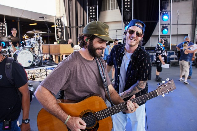 Thomas Rhett and Tyler Hubbard are seen during rehearsals for the CMA Summer Jam 2021 at Ascend Amphitheater in Nashville, Tennessee. 