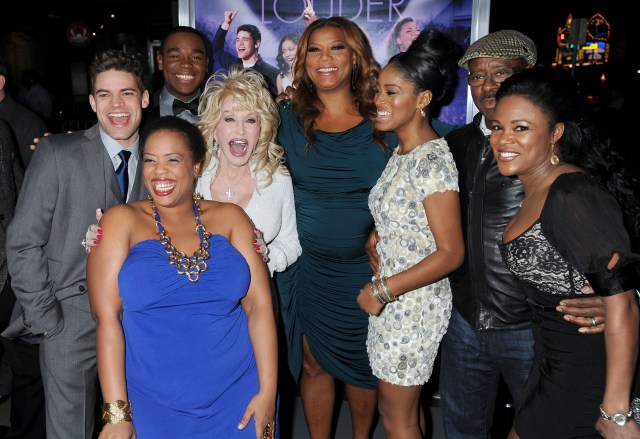 HOLLYWOOD, CA - JANUARY 09: Jeremy Jordan, Angela Grovey, Dexter Darden, Dolly Parton, Queen Latifah, Keke Palmer, Courtney Vance and DeQuina Moore attends the Los Angeles premiere of "Joyful Noise" at Grauman's Chinese Theatre on January 9, 2012 in Hollywood, California. 