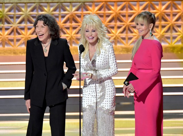 Actors Lily Tomlin, Dolly Parton, and Jane Fonda speak onstage during the 69th Annual Primetime Emmy Awards at Microsoft Theater on September 17, 2017 in Los Angeles, California. 