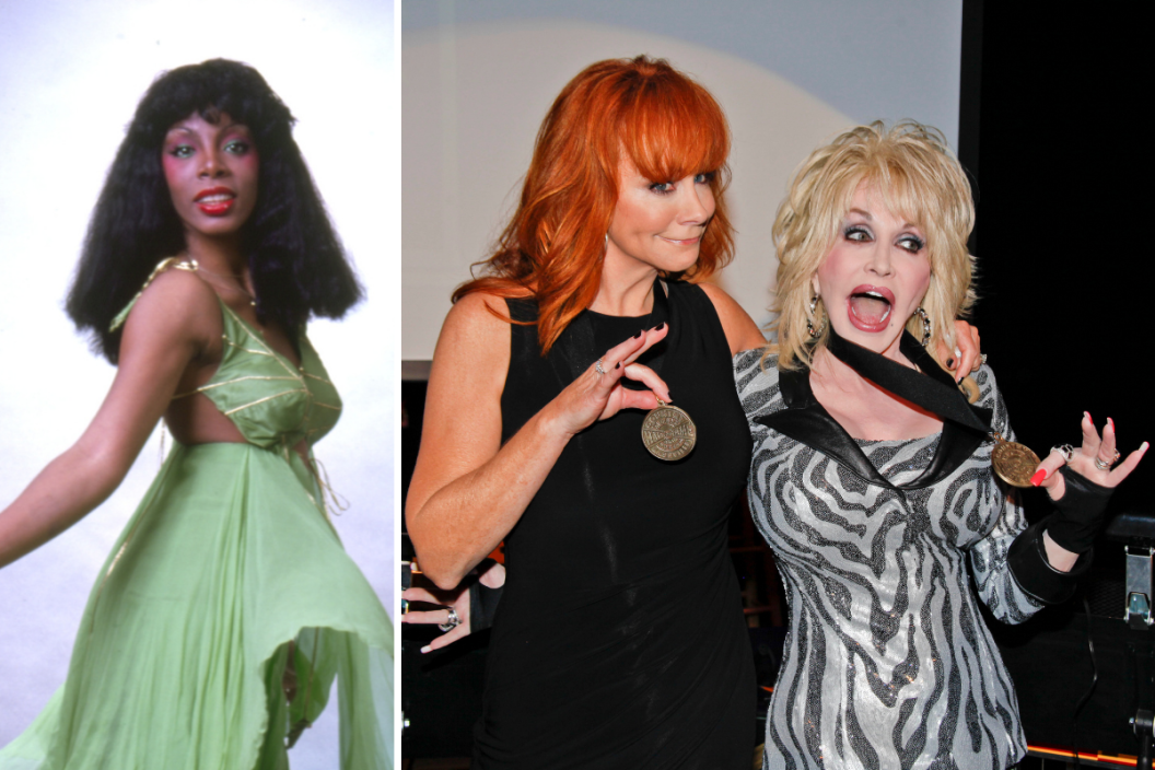 A press shot of Donna Summer from the 1970s and a group shot of Country Music Hall of Fame members Reba McEntire and Dolly Parton