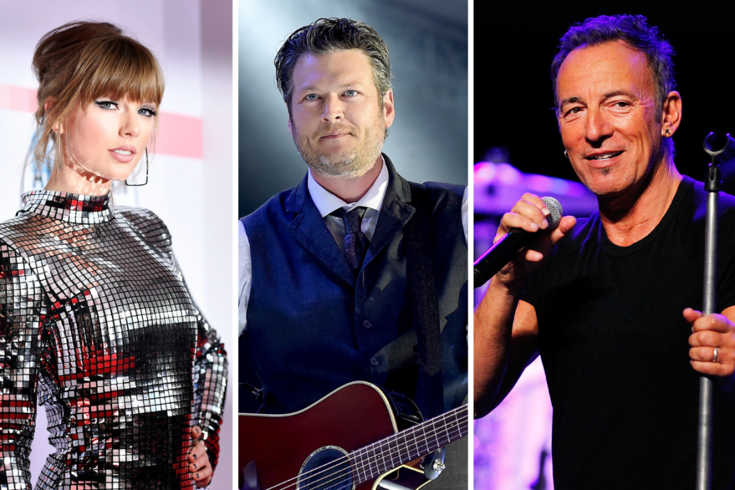 (From left) Taylor Swift, Blake Shelton and Bruce Springsteen were among 2021's highest-grossing musicians.