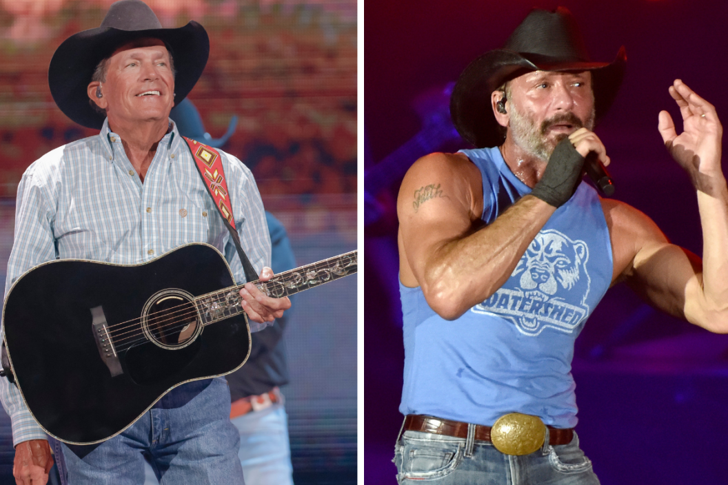Side by side photos of George Strait performing onstage and Tim McGraw performing onstage