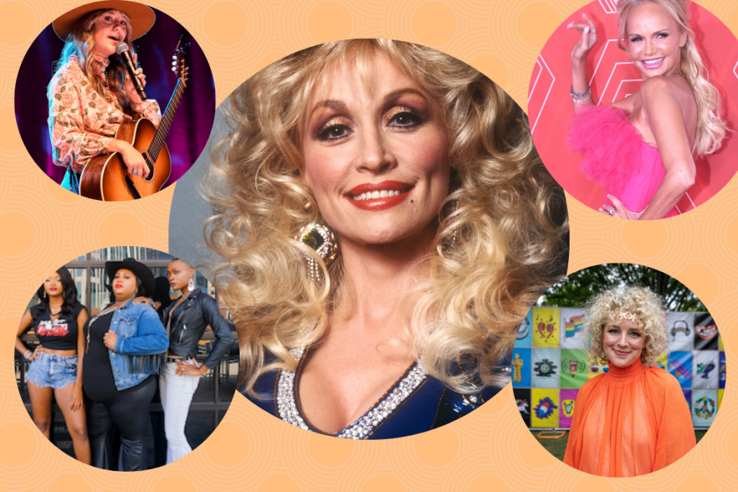 Photo collage featuring Dolly Parton, Chapel Hart, Lainey Wilson, Kristin Chenoweth and Cam