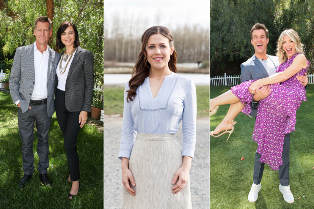 three photos of Hallmark channel series actors: James Denton and Catherine Bell, Erin Krakow and Cameron Mathison and Debbie Matenopoulos