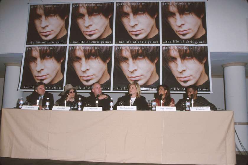 A Chris Gaines press conference featuring Pat Quigley, Don Was, Garth Brooks, guest, Tracey Edmonds and Kenny "Babyface" Edmonds.