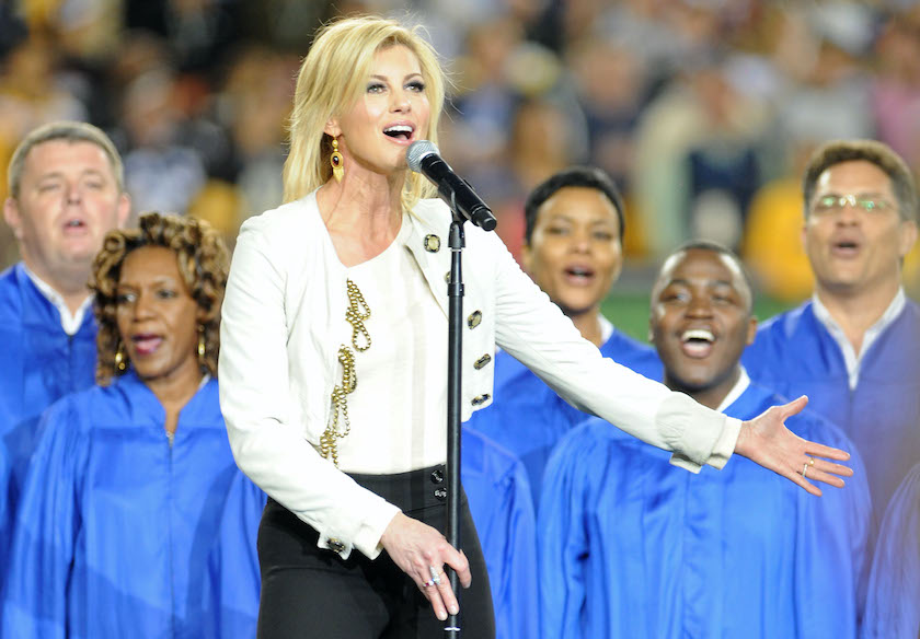Singer Faith Hill performs America the Beautiful during the pre-game show prior to the start of Super Bowl XLIII between the Arizona Cardinals and the Pittsburgh Steelers on February 1, 2009 at Raymond James Stadium in Tampa, Florida. 