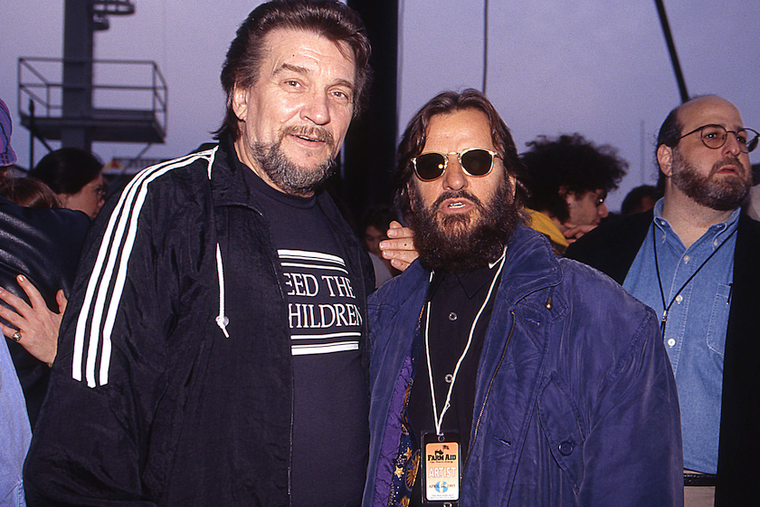 Waylon Jennings and Ringo Starr backstage during Farm-Aid April 24, 1993 Ames, Iowa.